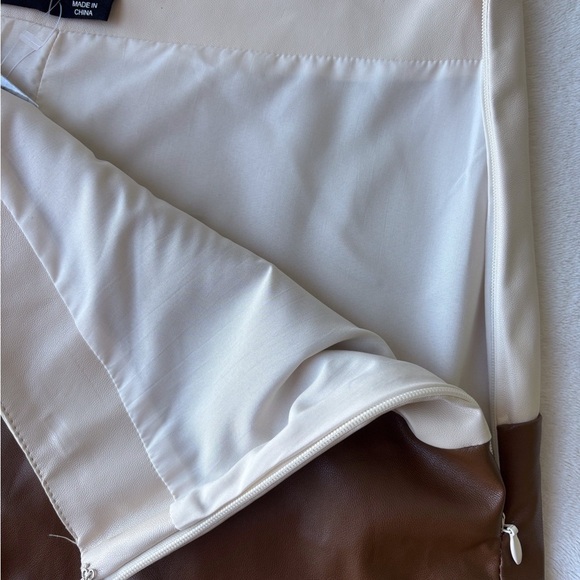 Akaiv Two-Tone Brown and Cream faux leather Skirt Fully lined Side zip - Picture 5 of 10